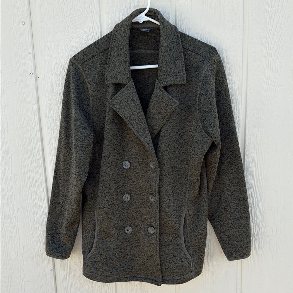 Eddie Bauer Women's Size XL Gray Fleece Double-Breasted Sweater Jacket Pockets